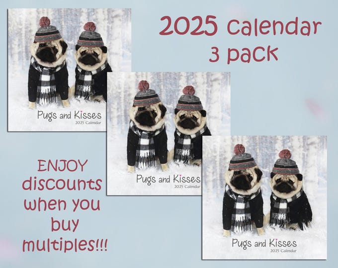 PACK of 3 - 2025 Wall CALENDAR by Pugs and Kisses
