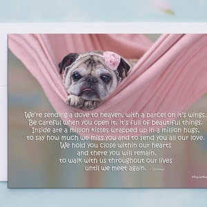 PET-KAART, we sturen een duif naar de hemel, pug-sympathiekaart van Pugs and Kisses