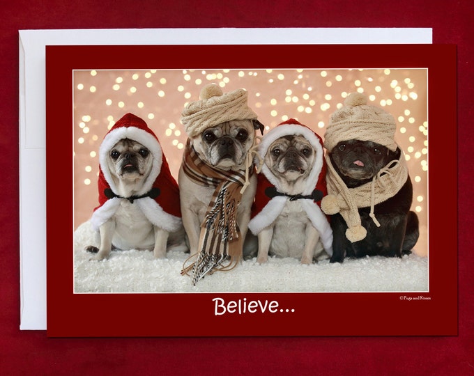 HAPPY HOLIDAY Card - Believe - Pug Holiday Card - 5x7