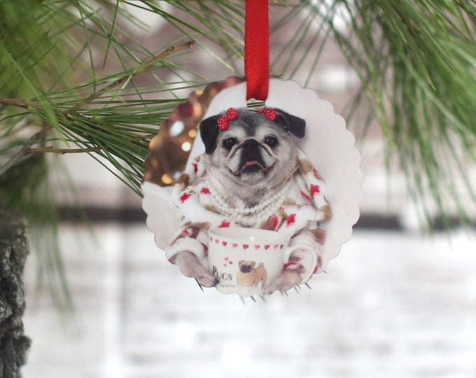 Pug Ornament - Visions of Coffee Beans - Gift for Pug Lovers by Pugs and Kisses