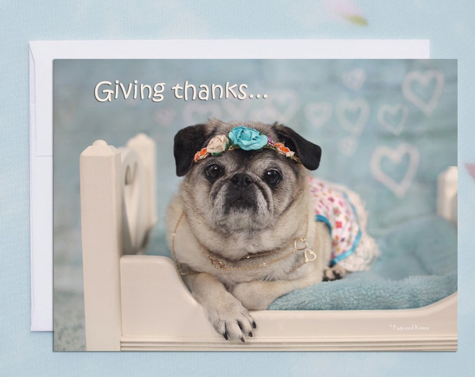 5x7 THANK YOU CARD, Giving Thanks with a Grateful Heart, Pug Greeting Card by Pugs and Kisses