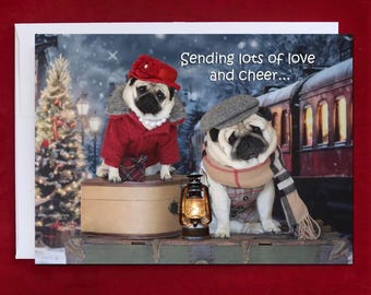 CHRISTMAS Card - Sending Lots of Love and Cheer - Best Selling Pug Christmas Card - 5x7 Pugs and Kisses