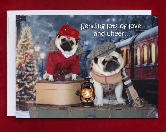 CHRISTMAS Card - Sending Lots of Love and Cheer - Best Selling Pug Christmas Card - 5x7 Pugs and Kisses