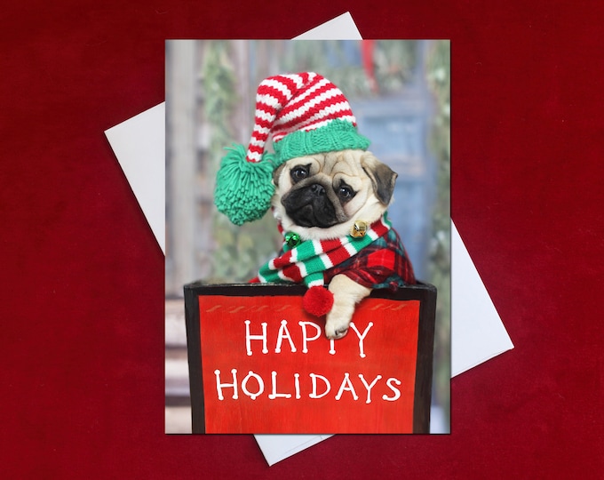HAPPY HOLIDAY Card - May All the Sweet Magic of the Season - Happy Holidays Card - Pug Holiday Card - 5x7