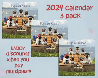 PACK of 3 - 2024 Wall CALENDAR by Pugs and Kisses