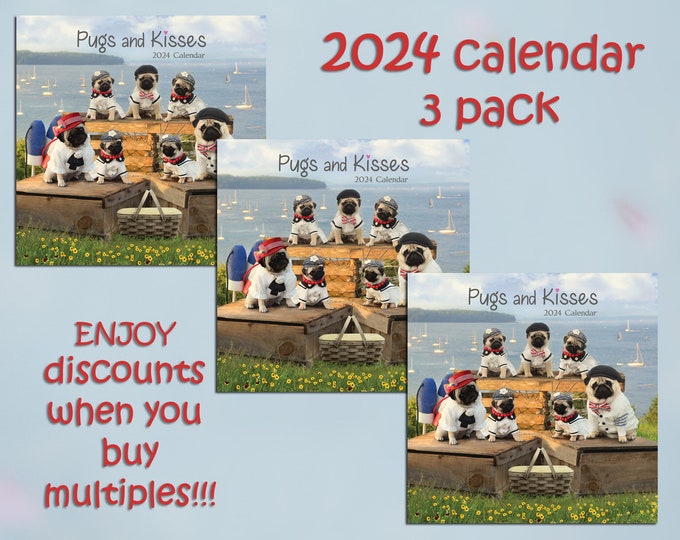 PACK of 3 - 2024 Wall CALENDAR by Pugs and Kisses