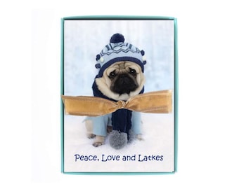 BOXED Hanukkah Cards - Peace, Love, and Latkes - Pug Holiday Card -  5x7