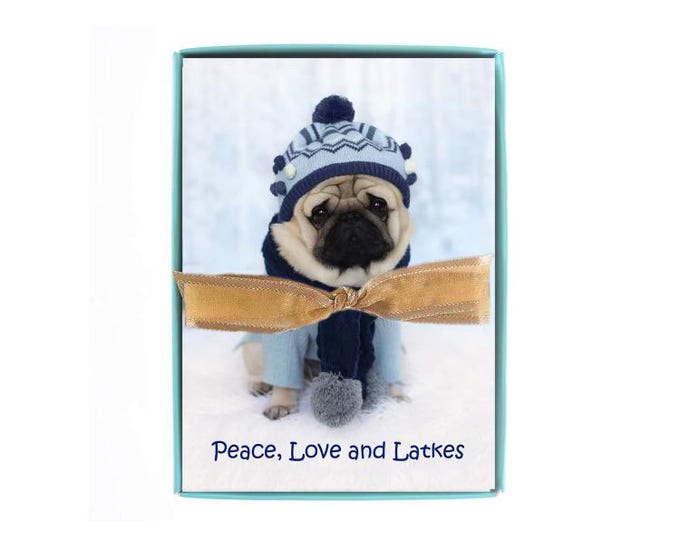 BOXED Hanukkah Cards - Peace, Love, and Latkes - Pug Holiday Card -  5x7
