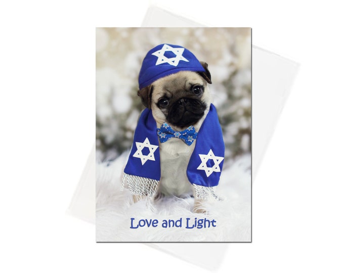 Hanukkah Card - Love and Light - Pug Holiday Card -  5x7