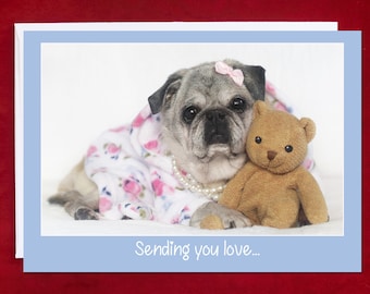 THINKING of YOU CARD - Sending You Love and a Heartfelt Hug - Pug Greeting Card  Pugs and Kisses 5x7