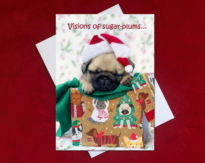 CHRISTMAS Card - Visions of Sugar Plums - Pug Puppy Christmas Card -  5x7