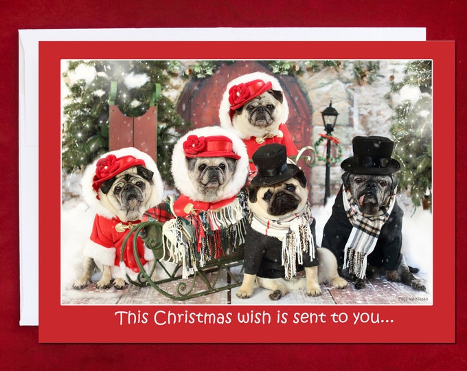 HAPPY HOLIDAYS Card - This Christmas Wish is Sent to You - Pug Holiday Card - 5x7
