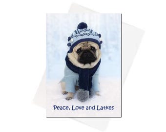 Hanukkah Card - Love and Light - Pug Holiday Card -  5x7