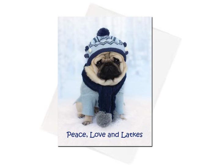 Hanukkah Card - Love and Light - Pug Holiday Card -  5x7