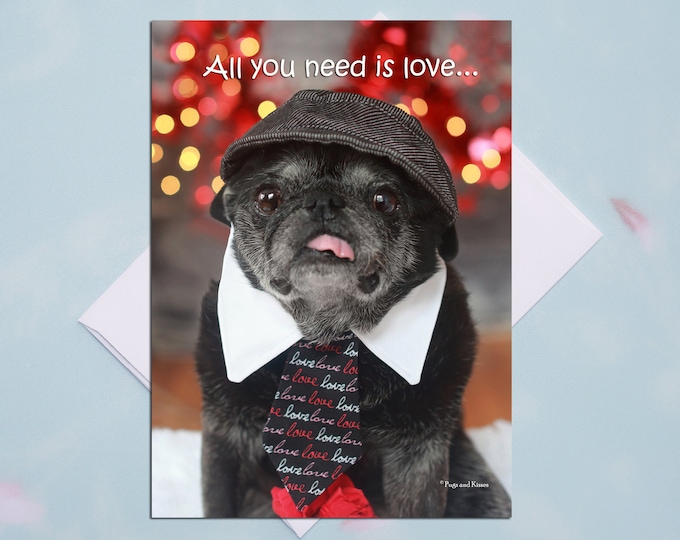 Valentine Cards - All You Need is Love - Pug Card - Love Cards - 5x7