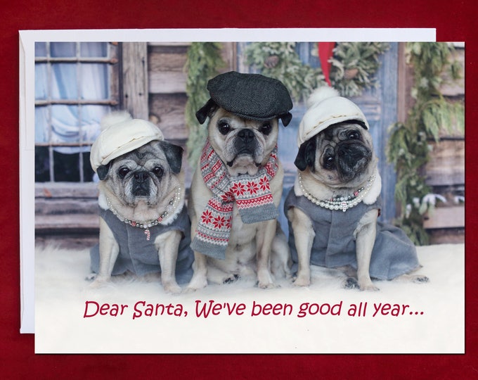 CHRISTMAS Card - Dear Santa, We've Been Good All Year - Pug Christmas Card - 5x7