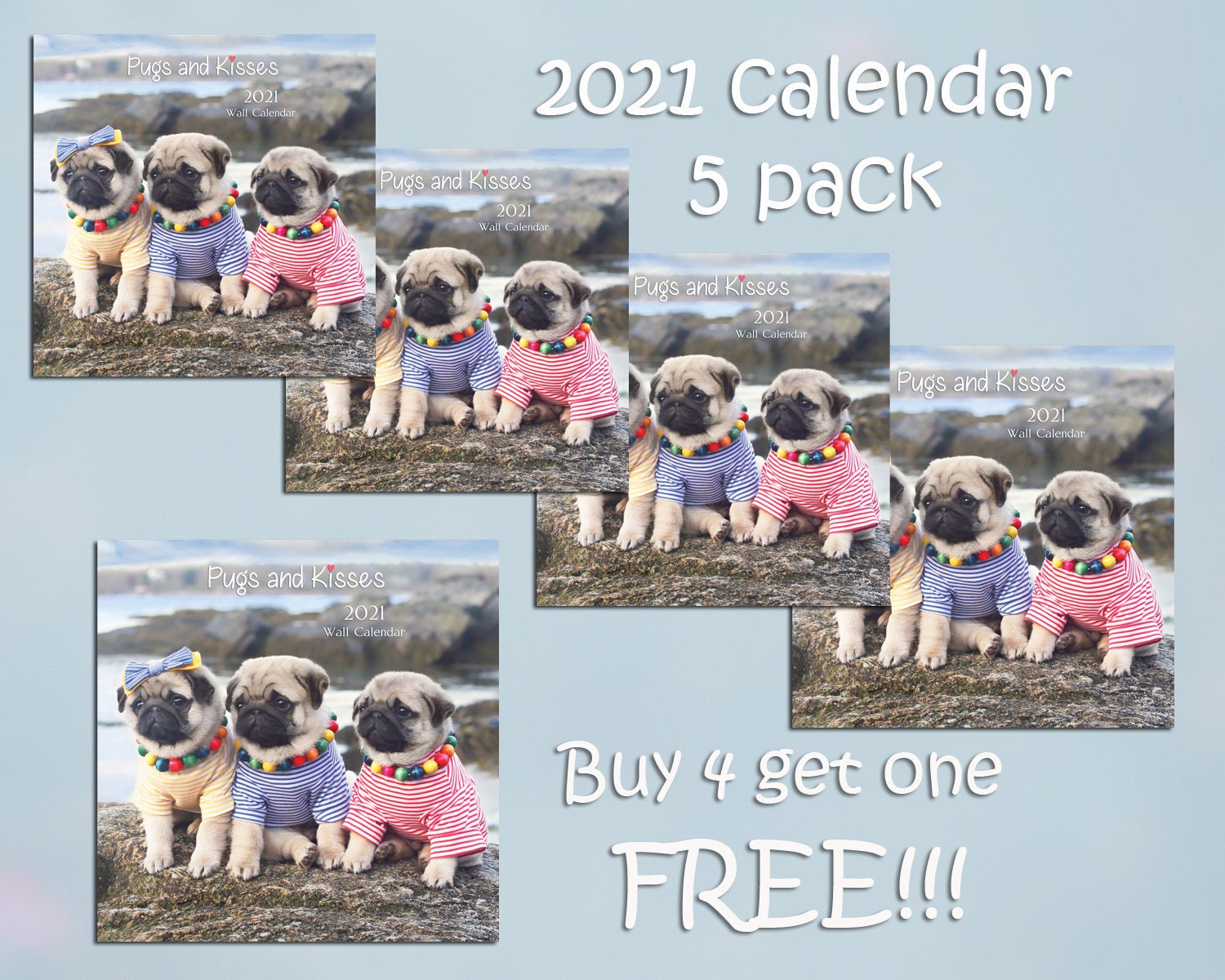 PACK of 5 - 2021 Wall CALENDAR - Pug Calendars by Pug and Kisses