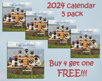 PACK of 5 - 2024 Wall CALENDAR - Pug Calendars by Pug and Kisses