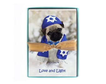 BOXED Hanukkah Cards - Love and Light - Pug Holiday Card -  5x7