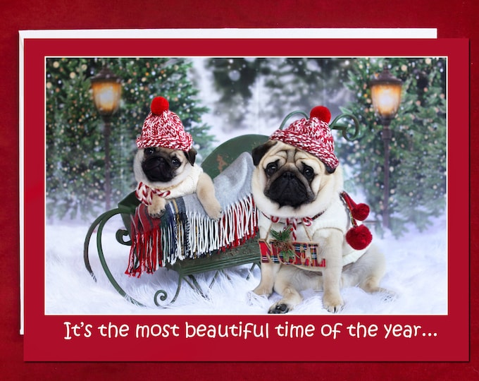 HAPPY HOLIDAYS Card  - It's the Most Beautiful Time of the Year - Pug Holiday Card - 5x7