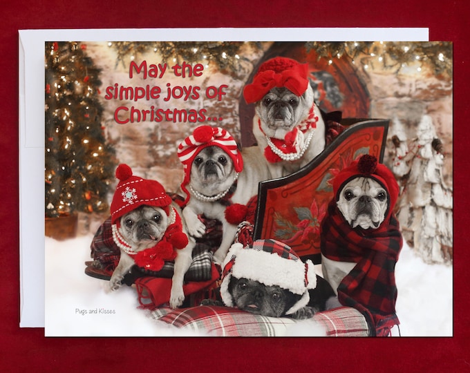 HAPPY HOLIDAYS Card - Simple Joys of Christmas - 5x7 - Holiday Pug Card