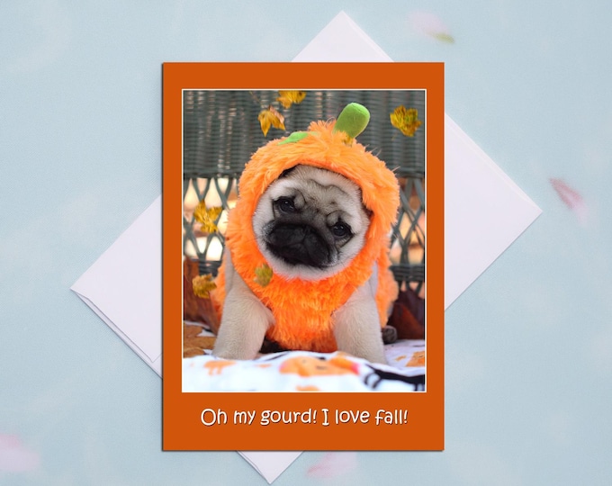 ALL NEW Funny Halloween Card - Oh My Gourd - Pug Card - Cute Card - 5x7