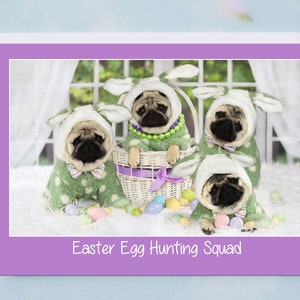 ¡NUEVO! Tarjeta de Pascua con diseño de Pugs and Kisses, tamaño 5 x 7, con temática de caza de huevos de Pascua