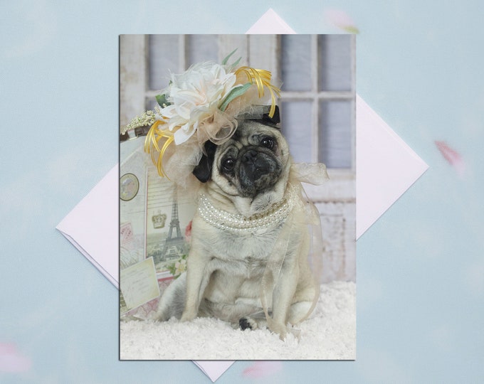 BLANK Card - Fancy Fascinator - All Occasion PUG Greeting Card- Pug Gift - Pugs and Kisses - 5x7