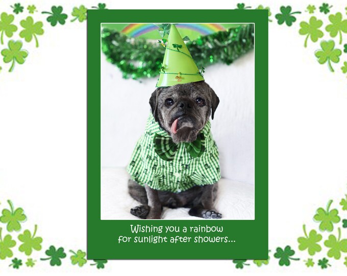 St. Patrick's Day Card - Wishing You a Rainbow - Pug Card by Pugs and Kisses