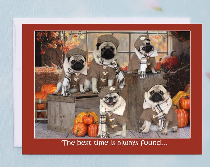 ALL NEW THANKSGIVING Card - The Best Times Are Always Found - Funny Pug Thanksgiving Card 5x7