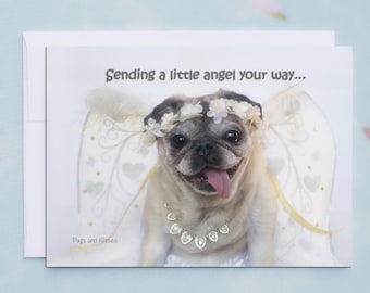 Get Well Soon Card Funny - Sending a Little Angel You're Way - Pugs and Kisses - 5x7