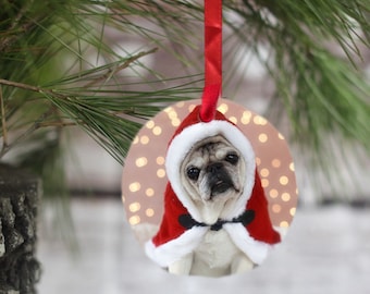 Pug Ornament - Little Pug Santa - Gift for Pug Lovers by Pugs and Kisses