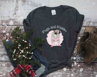 T-Shirt Classic Short Sleeve Charcoal Heather Gray Pugs and Kisses Women's LOGO Pug T-shirt