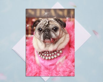 BLANK Card - Pretty in Pink - All Occasion PUG Greeting Card- Pug Gift - Pugs and Kisses - 5x7