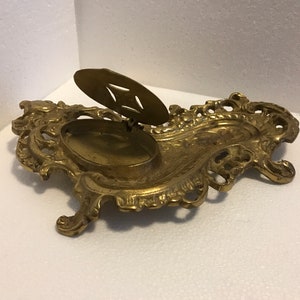 Andrea by Sadek Art Nouveau Solid Brass Footed Dresser Tray with Compartment. Compartment has hinged lid. Measures 10 x 6 inches.