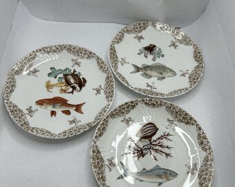 3 Pc Antique Marx & Gutherz Carlsbad Austria Fish Plates Set 7.5 Inch Diameter