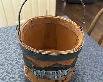 Cubo/cesta de madera curvada con diseño Amish, firmado y fechado en el 93. Pintado a mano.