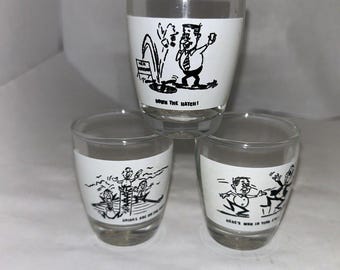 Fun Vintage 1950s Shot Glasses Humorous Cartoon Sayings Anchor Hocking