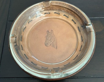 Horse Head Leather And Glass Ashtray - 6 Inches. Embossed with Leather Stitching