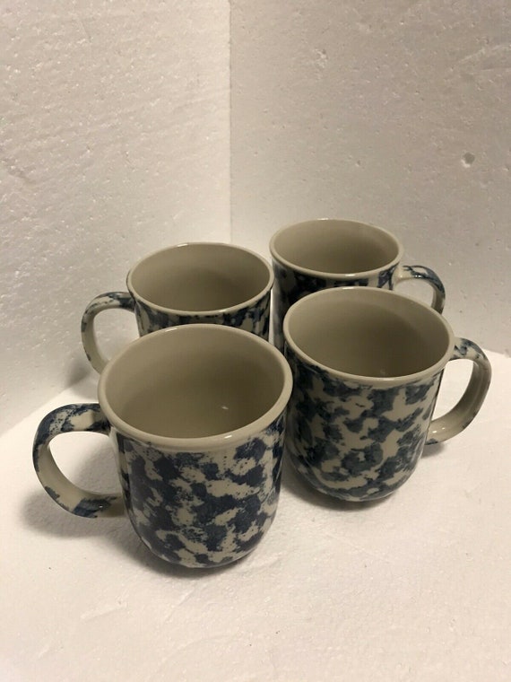 Set of 4 Folk Craft HEARTS Blue Sponge Coffee Cup Mug Made by Etsy UK