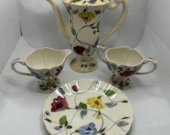 Juego de té vintage Blue Ridge: tetera, azucarero, lechera, plato para galletas, cerámica sureña.