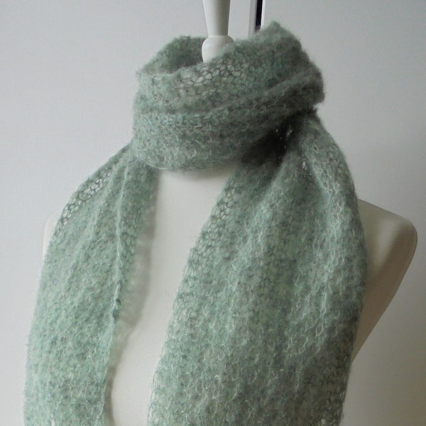 Light hand-knitted scarf, 200 / 24 cm, alpaca/silk, sage green, pearl pattern