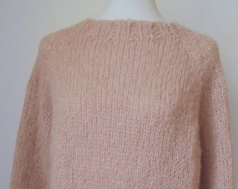 Sweater, powder pink, hand-knitted, raglan sleeves, round neck, slightly fluffy alpaca yarn with silk, slightly transparent