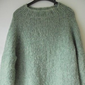 Sweater, sage green, hand-knitted, raglan sleeves, round neck, slightly fluffy alpaca yarn with silk, slightly transparent