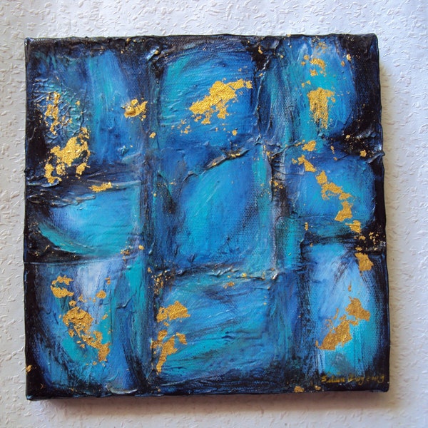 Abstraktes Gemälde Acryl, 20 / 20 cm Blau, Türkis, Blattmetall, Spachteltechnik