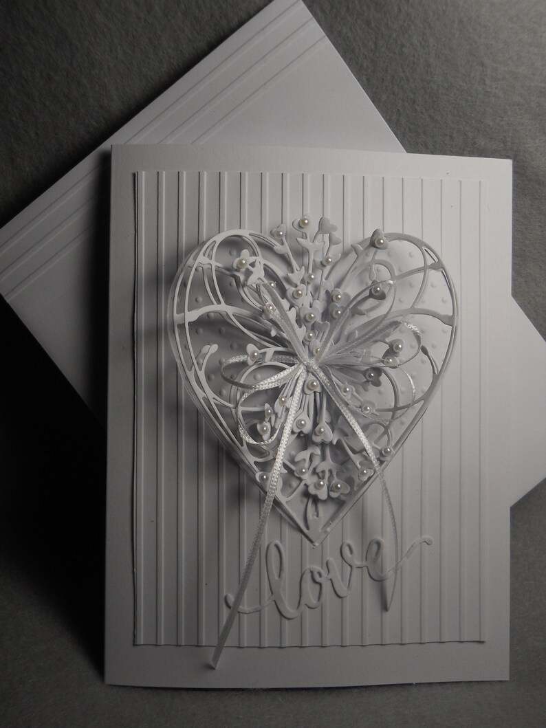 embossed bridal or shower card anniversary white Valentine love card wedding very dimensional White lacy heart white on white