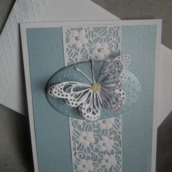 Butterfly card, double white butterfly, floral panel, embossed, blank inside, white pearl accents, very dimensional card, very lacy panel