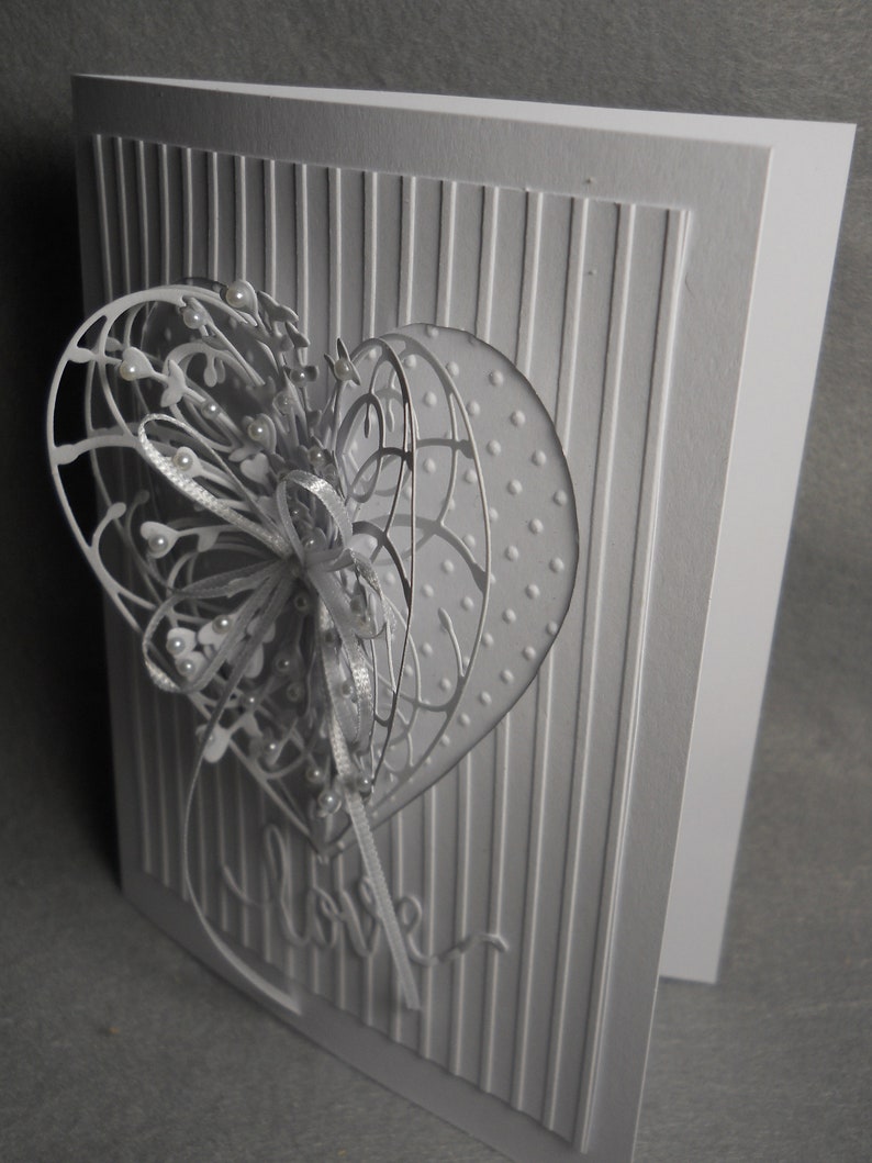 embossed bridal or shower card anniversary white Valentine love card wedding very dimensional White lacy heart white on white