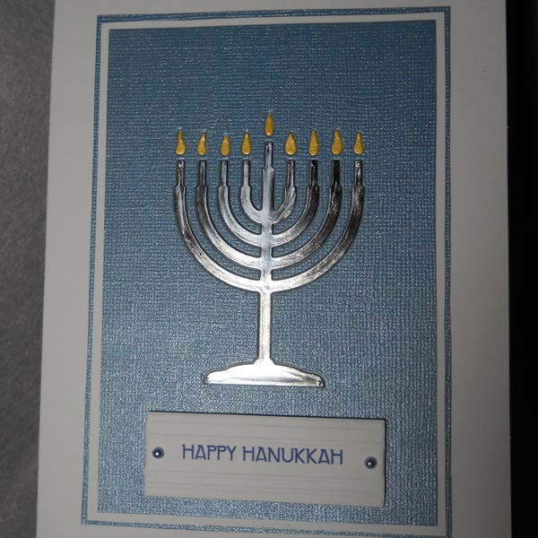 Happy Hanukkah, Hanukkah card, silver Menorah, card for Hanukkah, blank inside for the holiday of lights, glossy silver Menorah, dimensional