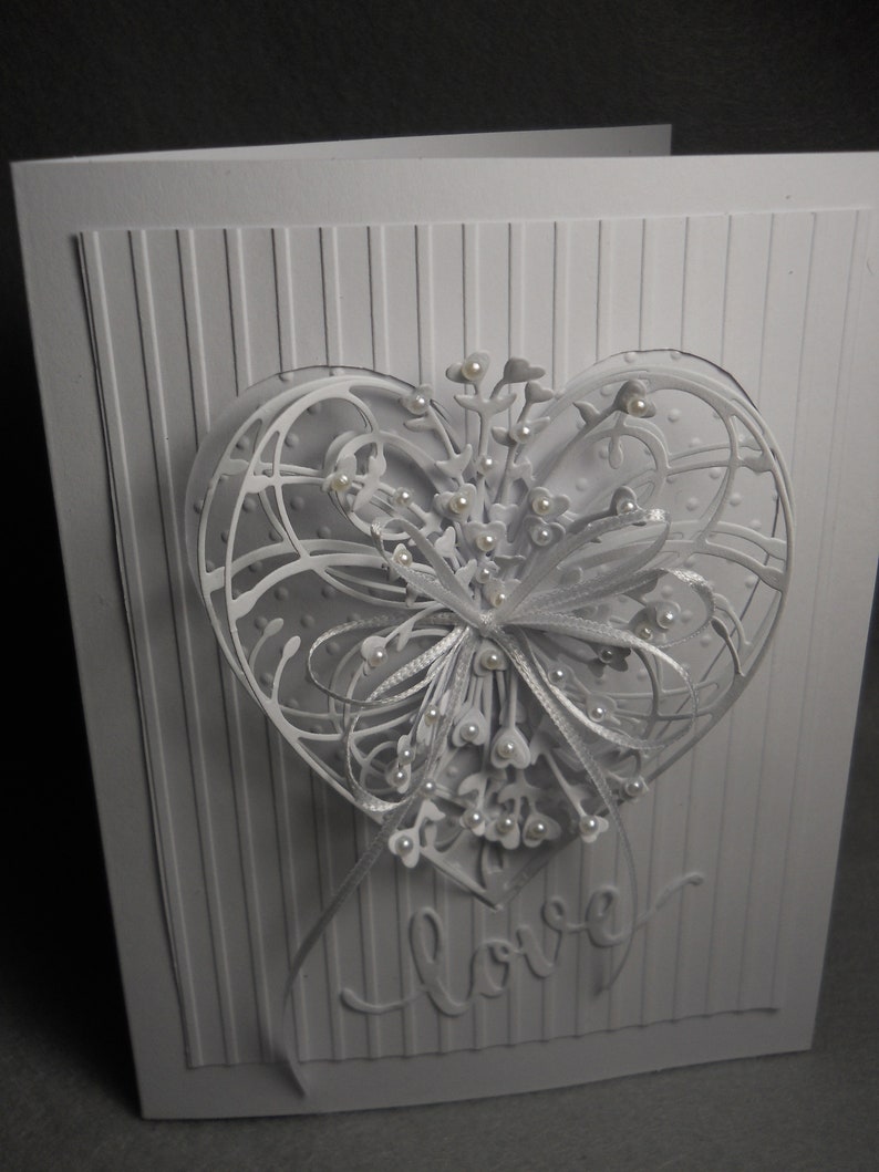 embossed bridal or shower card anniversary white Valentine love card wedding very dimensional White lacy heart white on white